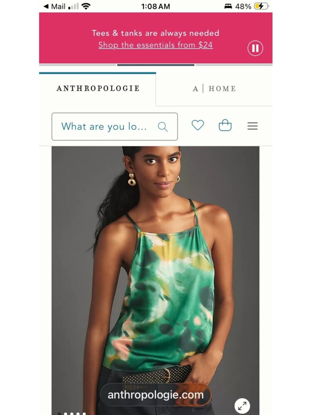 by Anthropologie Womens Silky Cami Tank M Green Watercolour Abstract High Neck
